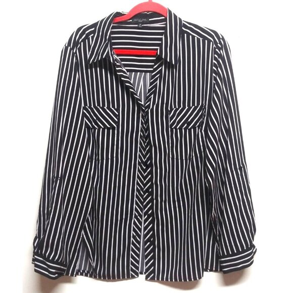 Notations striped shirt womens plus Sz 3x top black white STRETCH roll tab sleev - Picture 6 of 6